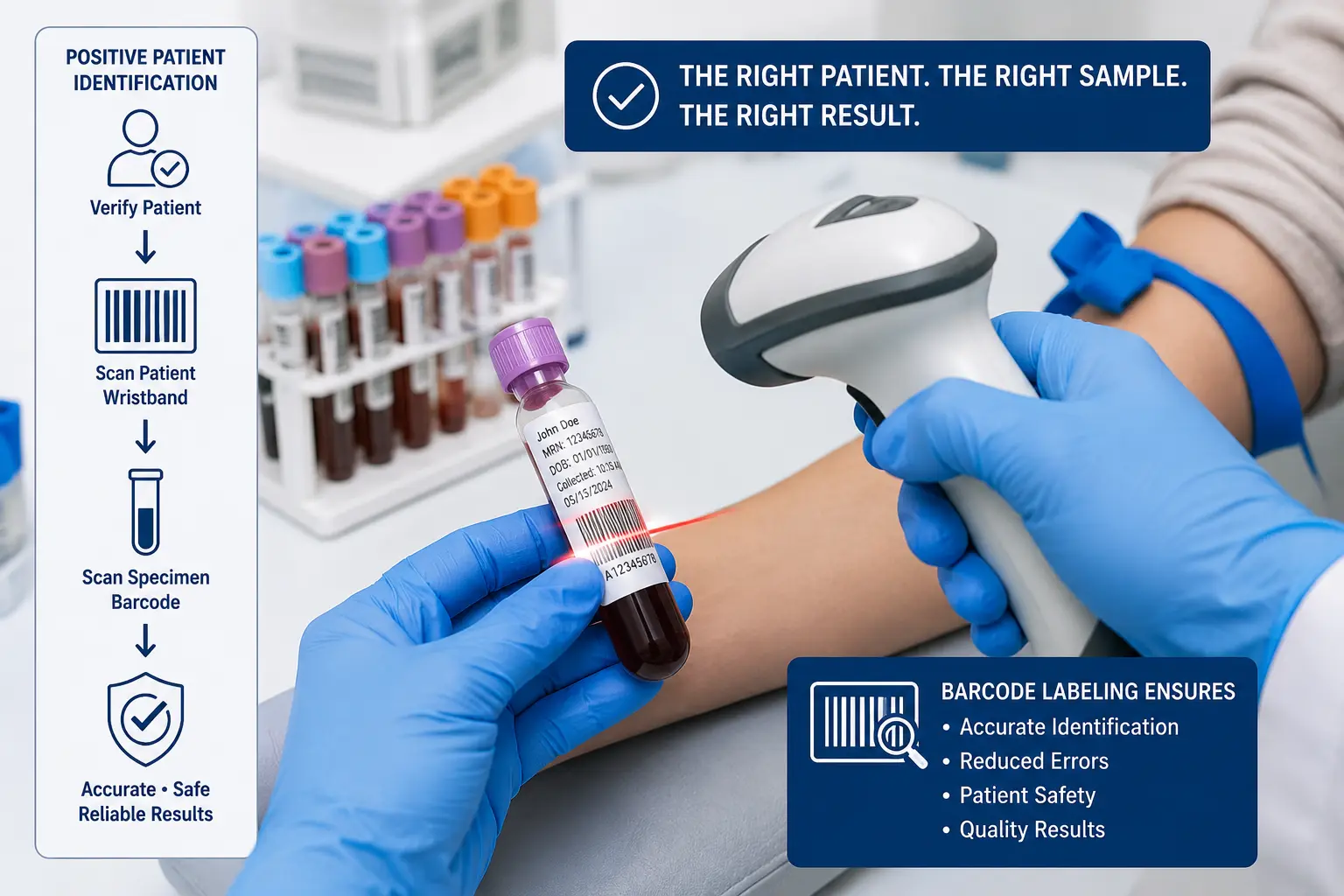 Barcode scanning for positive patient identification in clinical lab specimen collection